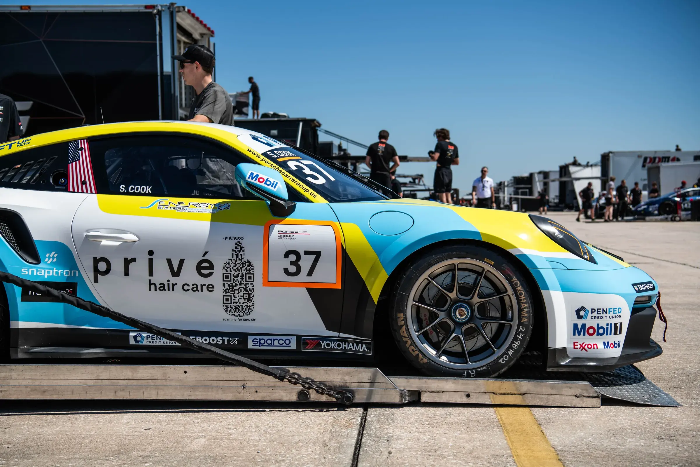 Sabré Cook's car at the PMNA Sebring 2025 race weekend, displaying the various partners logos.